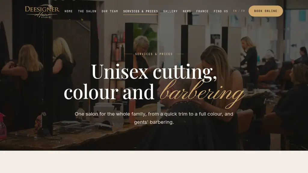 The services and prices page, headed unisex cutting, colour and barbering