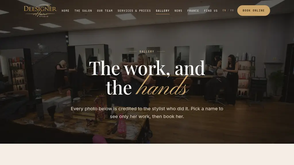 The gallery page, where every photograph is credited to the stylist who did the work