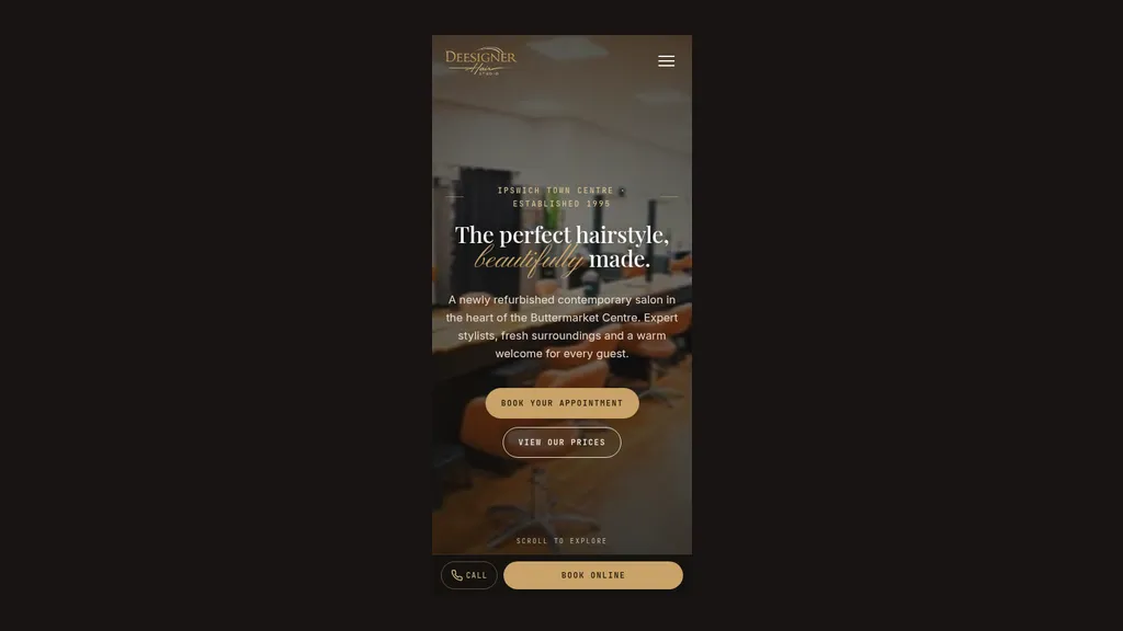The Deesigner Hair homepage on a phone, with the booking and prices buttons stacked under the headline