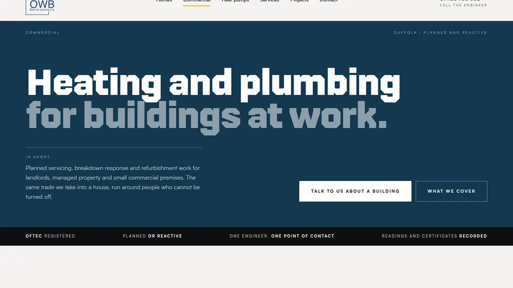 The OWB commercial page, a type-only hero reading heating and plumbing for buildings at work, set on petrol slate