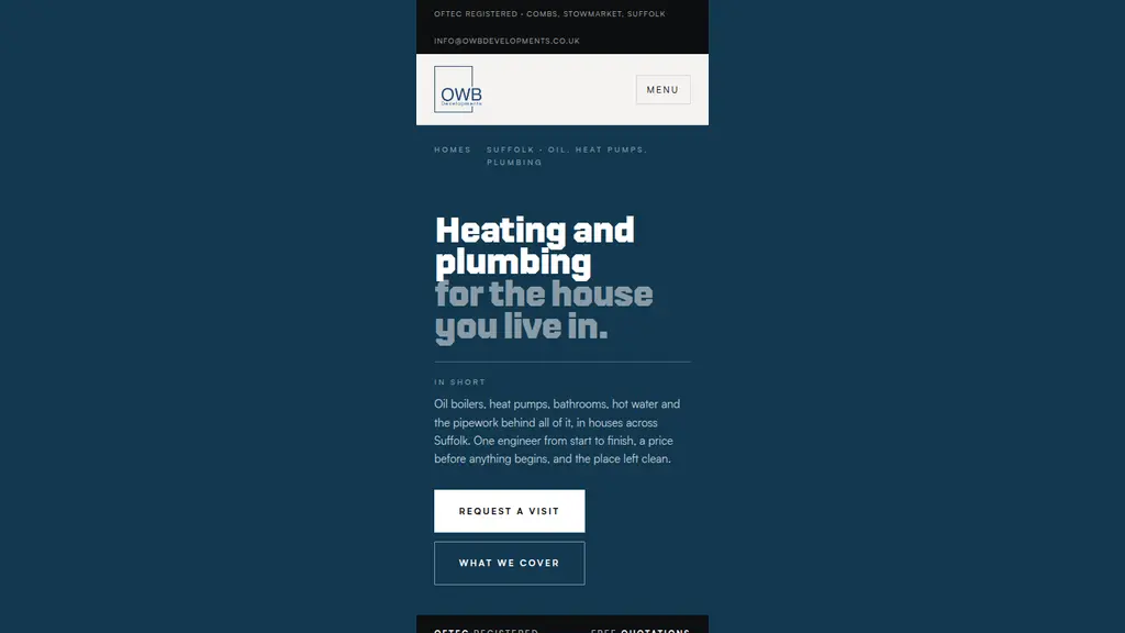 The OWB homes page on a phone, with the request a visit and what we cover buttons stacked under the headline